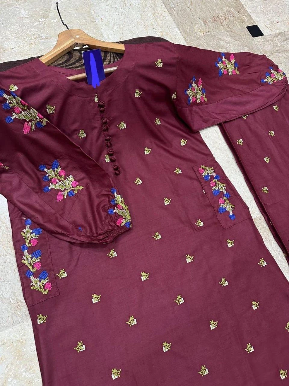 Elegant Embroidered Linen Shirt and Trouser Set for Women