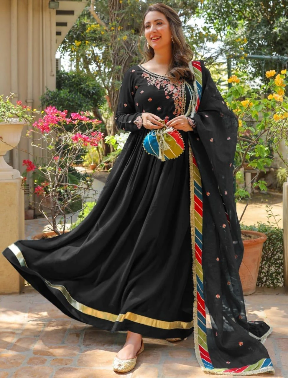 Stunning Black Embroidered Maxi with Trouser & Dupatta - 4 Pcs Women's Stitched 