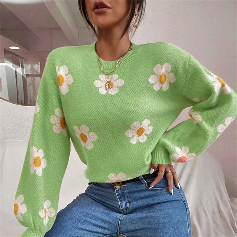 1 Pc Women's Loose Round Neck Flower Jacquard Knitted Sweater