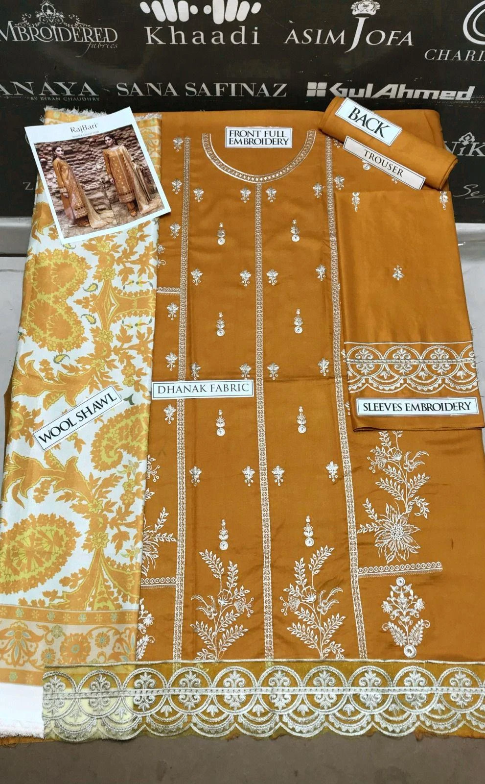 Mustard Dhanak Suit Set - 3 Pcs Embroidered Ensemble with Digital Print Wool Sha