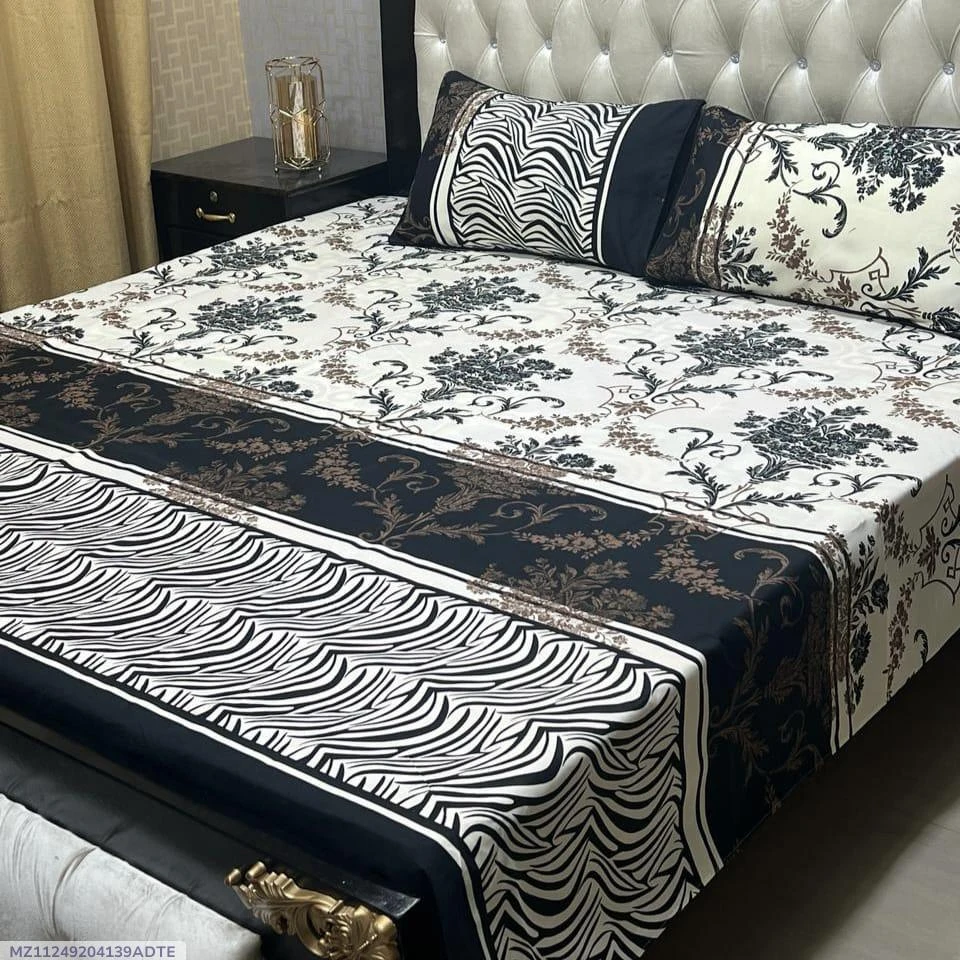 3 Pcs Crystal Cotton Printed Double Bedsheet