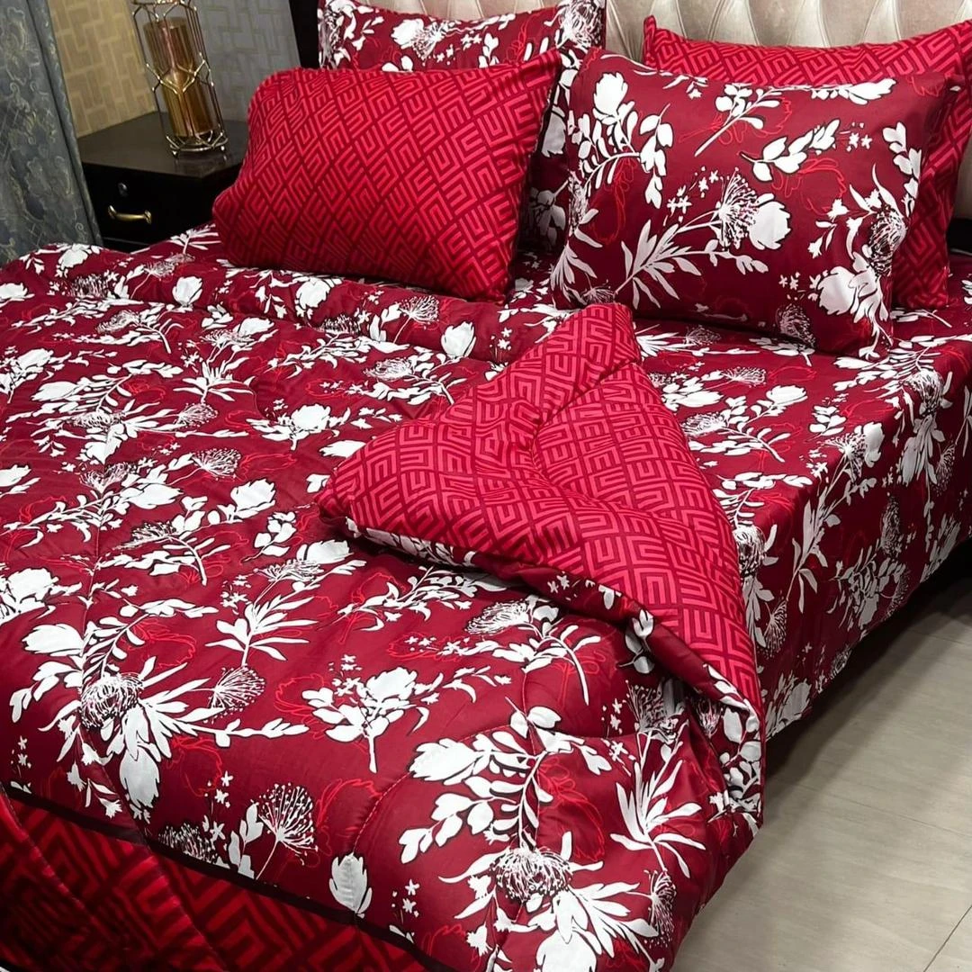 Elegant Red Printed Cotton Salonica Razai Set - 5 Pcs for Double Bed