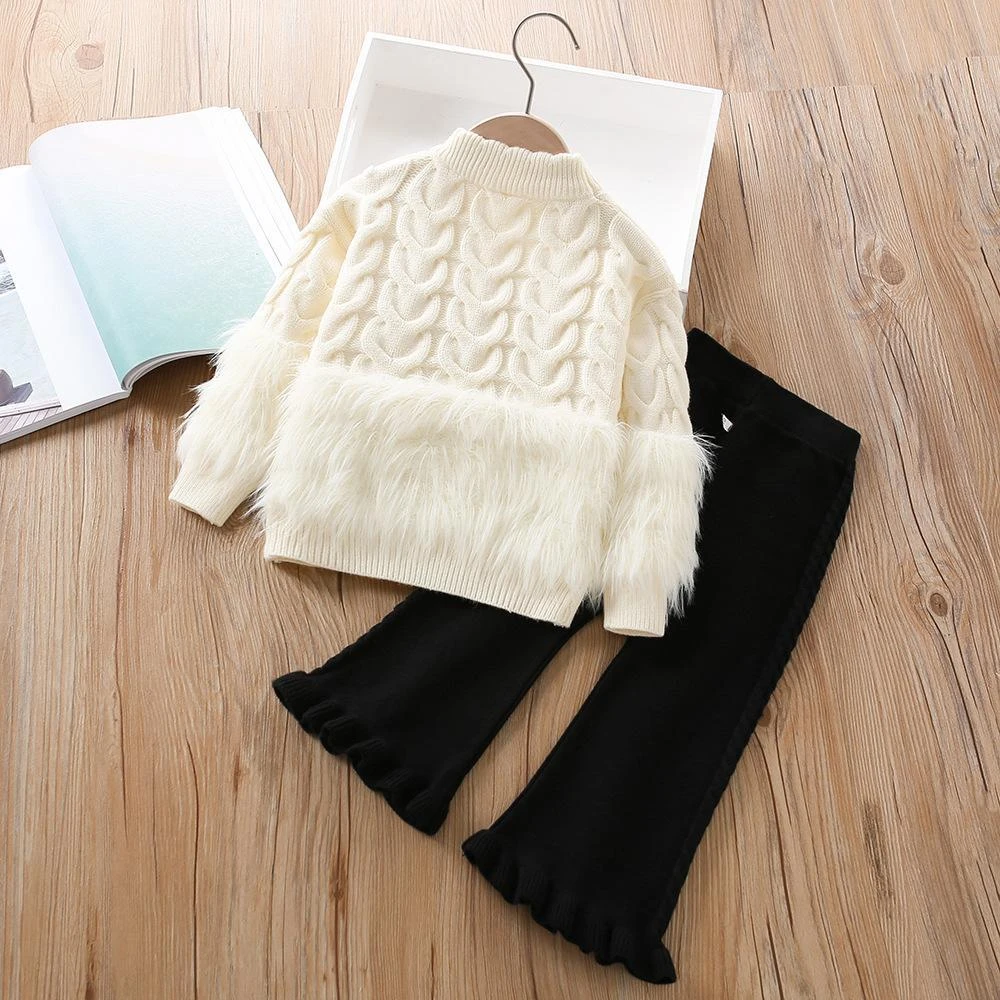 Girl's Stylish Twisted Fur Knitted Long-Sleeved Shirt & Pants Set - 2 Pcs