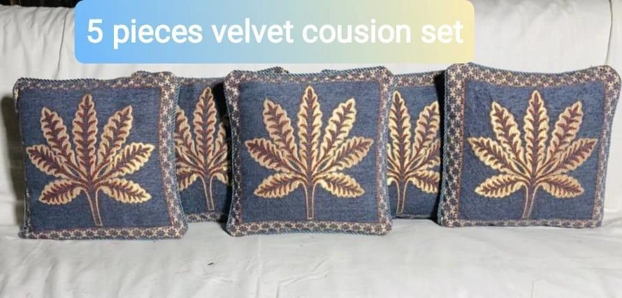 Luxurious Grey Velvet Jaquard Cushion Covers - 5 Piece Set with Embroidered Desi