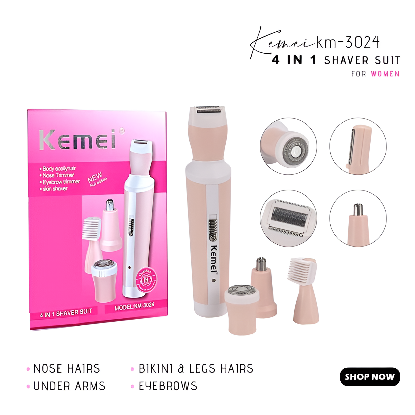 Kemei 4 in 1 Rechargeable Hair Remover Shaver Ladies epilator - KM-3024 (Random