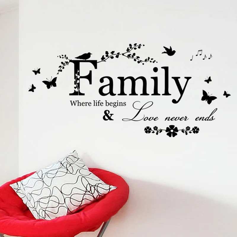 Family Love Never Ends Quote Vinyl Wall Sticker Wall Decals Lettering Art Words